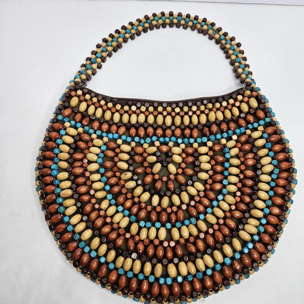 Fashion Express Hobo Beaded Bag Wood Beads 14" X 10.5" X 1"